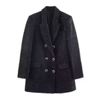 Ladies Double-breasted Boucle Blazer Coat with Lapel Collar and Decorative Metal Eyelets Fashion Glam