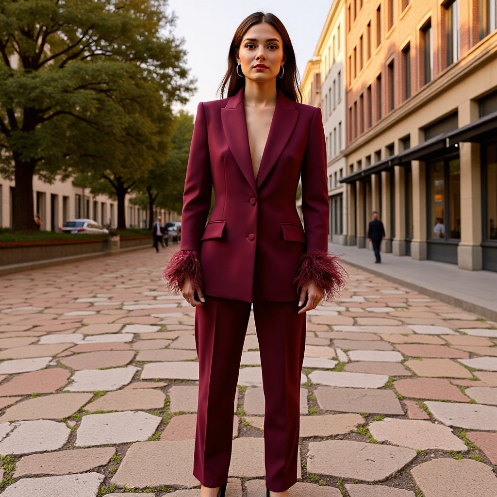 Ladies tailored tuxedo pant suit with feather embellishments at the cuffs Fashion Glam