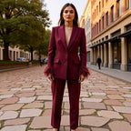 Ladies tailored tuxedo pant suit with feather embellishments at the cuffs Fashion Glam