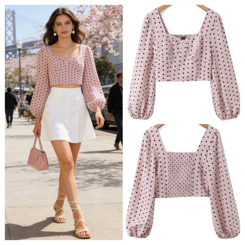 Ladies Polka Dot Bustier Crop Top with Puff Sleeves and Square Neckline Fashion Glam