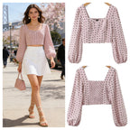 Ladies Polka Dot Bustier Crop Top with Puff Sleeves and Square Neckline Fashion Glam