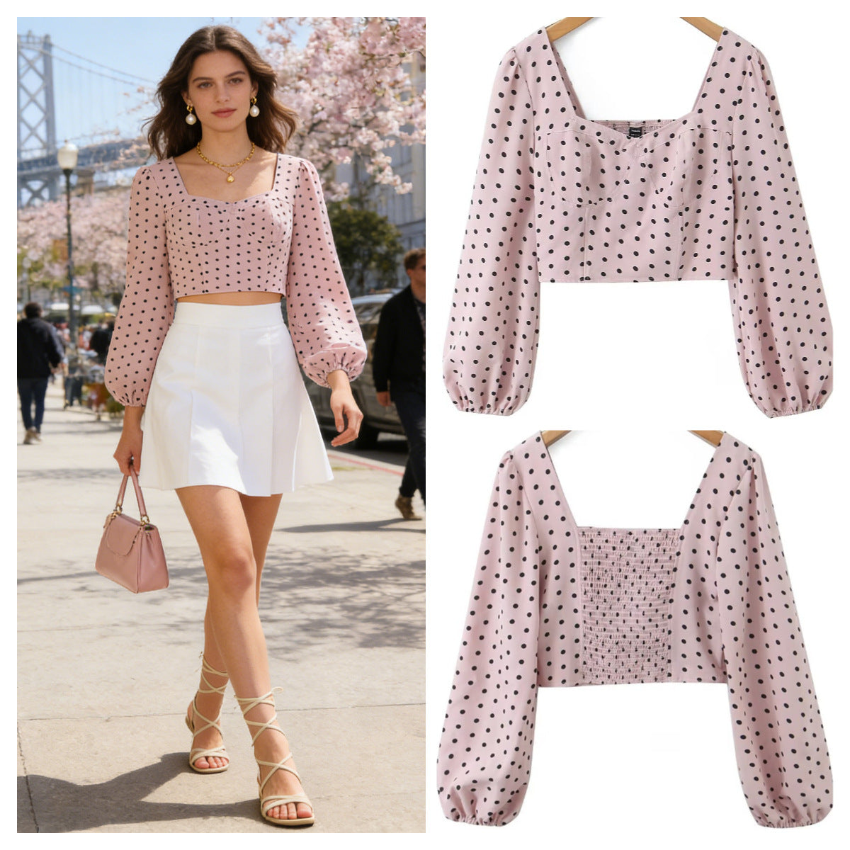 Ladies Polka Dot Bustier Crop Top with Puff Sleeves and Square Neckline Fashion Glam