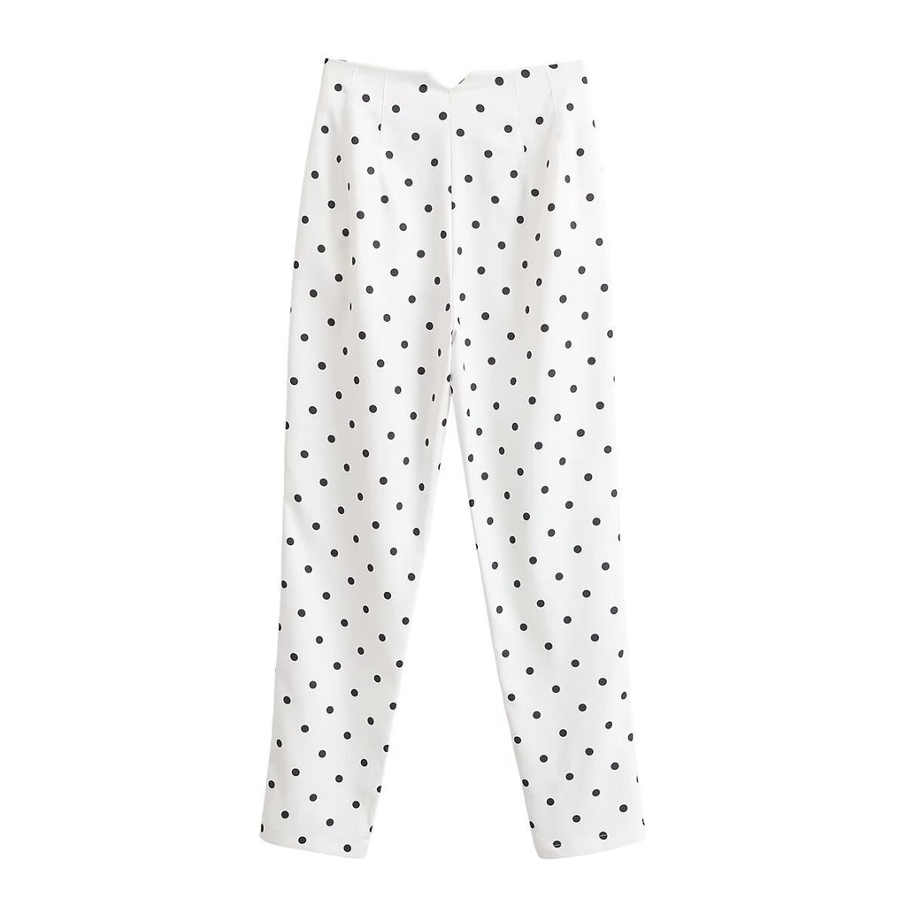 Women's high-waisted tapered fabric pants with polka dot print and elegant waistband processing Fashion Glam