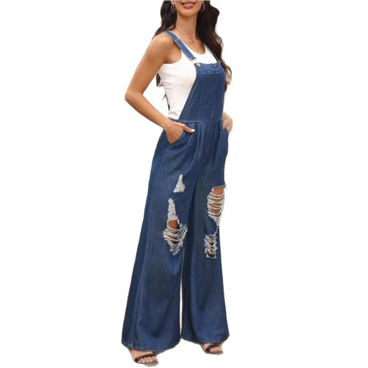 Women's loose distressed overalls with adjustable straps and large knee rips Fashion Glam