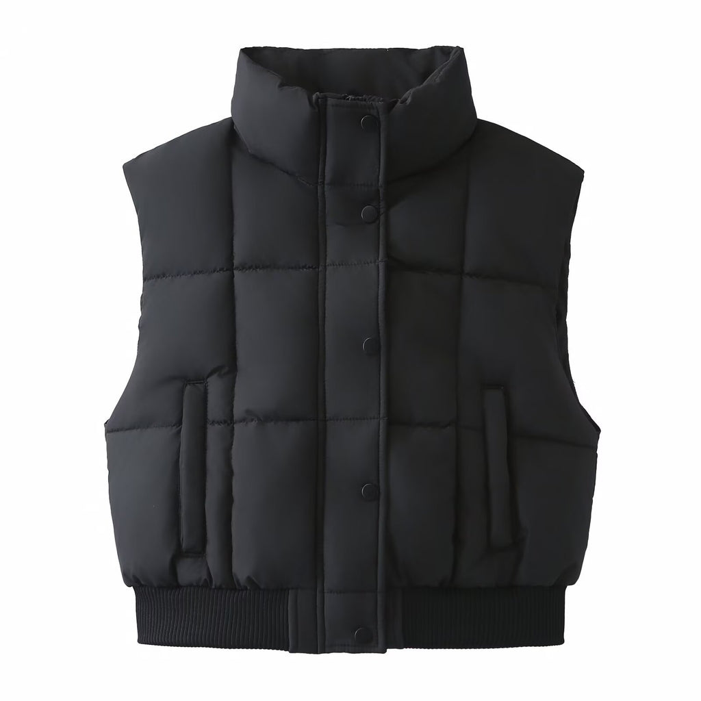 Women Quilted Cropped Puffer Vest with Stand Collar and Ribbed Hem Fashion Glam