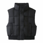 Women Quilted Cropped Puffer Vest with Stand Collar and Ribbed Hem Fashion Glam