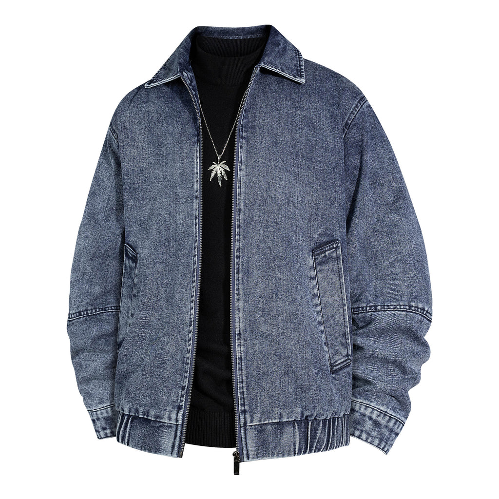 Men's Oversized Vintage Denim Jacket with Continuous Metal Zipper Fashion Glam