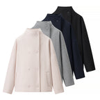 Women's Boxy Wool Blend Caban Jacket with Stand Collar and Dropped Shoulders Fashion Glam