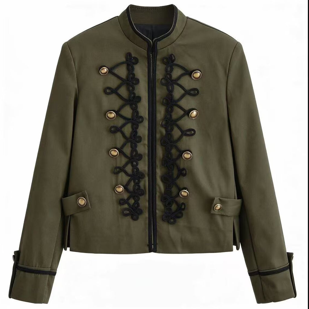 Women’s short military-style jacket with decorative cords and stand-up collar Fashion Glam