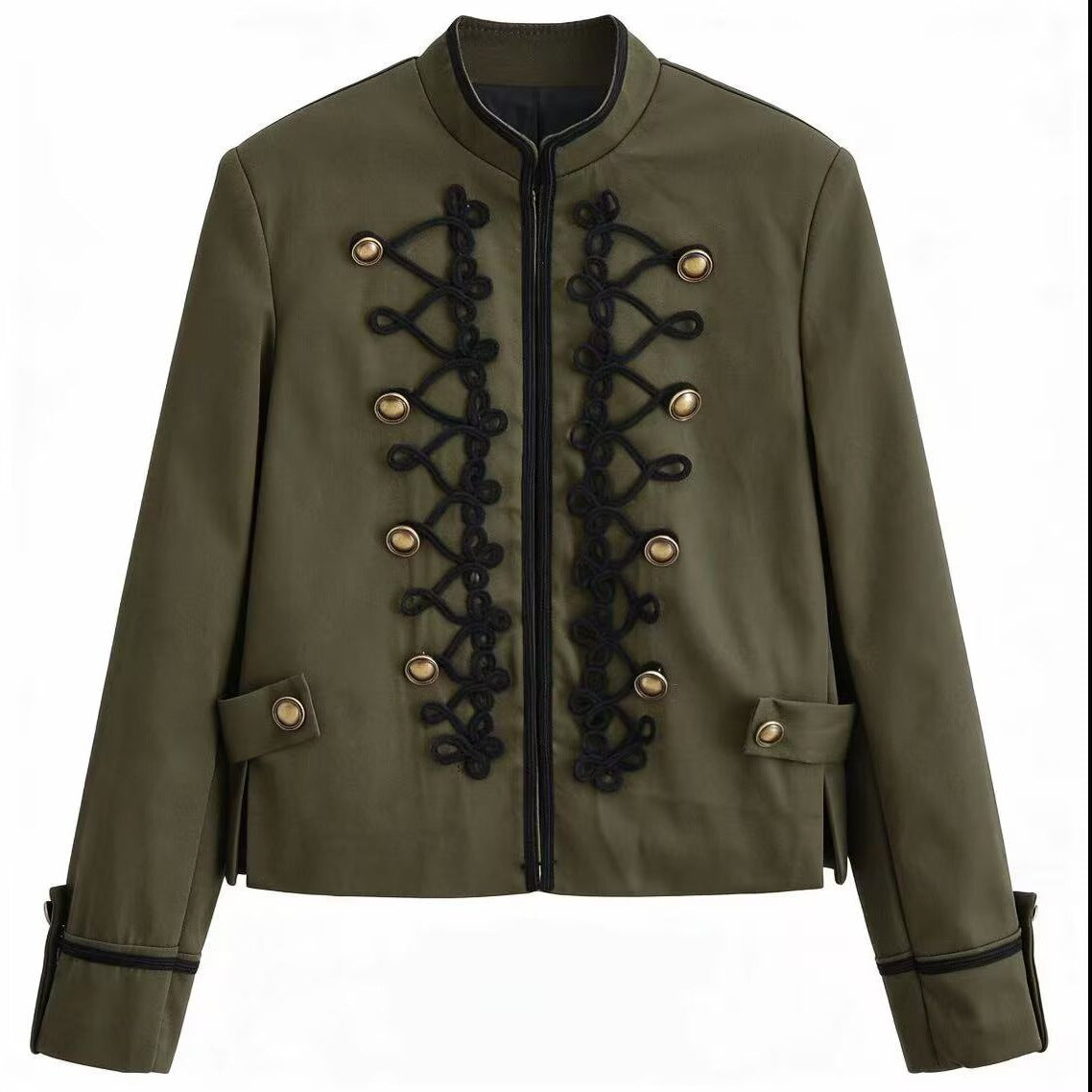 Women’s short military-style jacket with decorative cords and stand-up collar Fashion Glam
