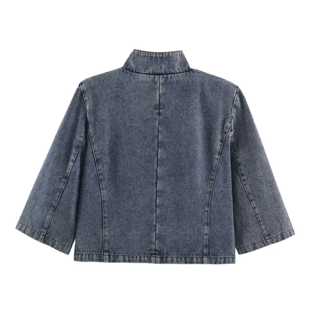 Women's Cropped Jeans Jacket in Boxy Cut with Stand-Up Collar and Three-Quarter Sleeves Fashion Glam
