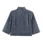 Women's Cropped Jeans Jacket in Boxy Cut with Stand-Up Collar and Three-Quarter Sleeves Fashion Glam