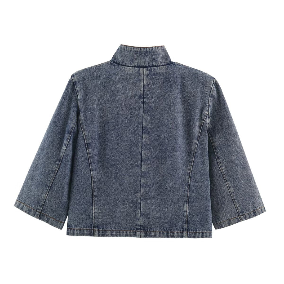 Women's Cropped Jeans Jacket in Boxy Cut with Stand-Up Collar and Three-Quarter Sleeves Fashion Glam
