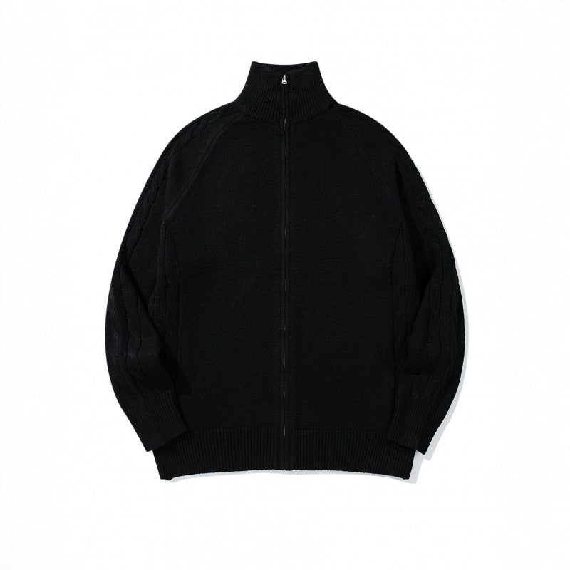 Unisex Boxy Zip Cardigan with Stand-up Collar, Cable Knit Sleeves and Ribbed Hems Fashion Glam