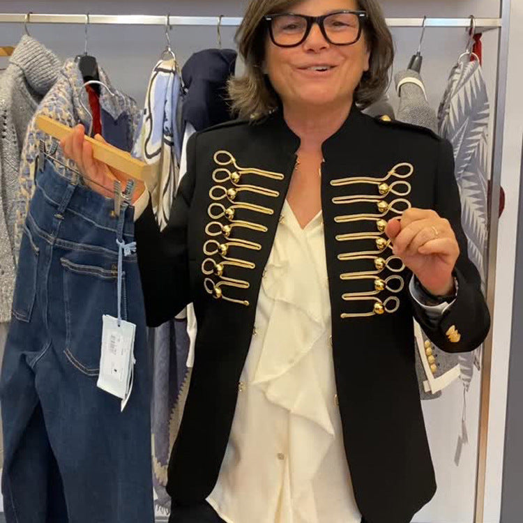 Ladies military-inspired fitted blazer with gold-embroidered cord applications Fashion Glam