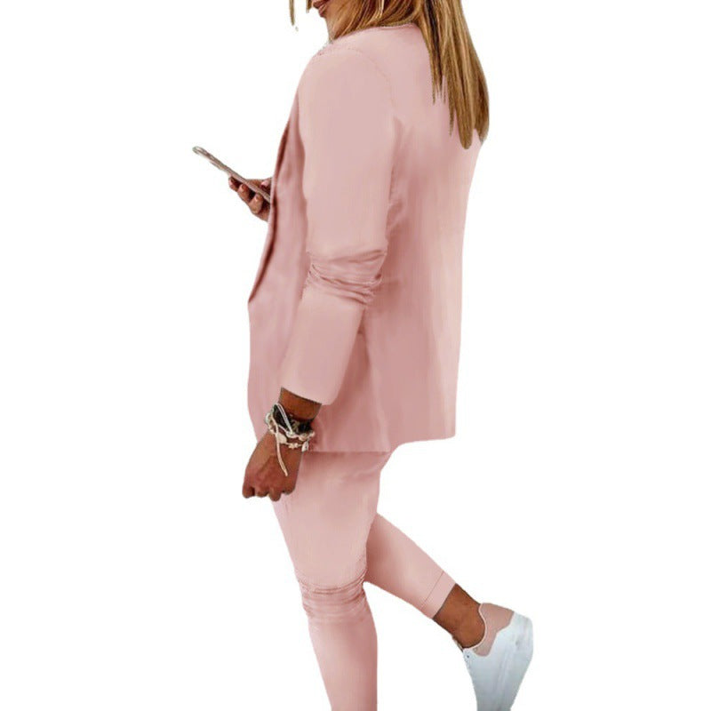 Women's Two-Piece Stretch Jersey Blazer Set with Drawstring Jogging Pants Fashion Glam