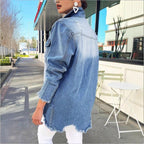 Women's Oversized Denim Jacket with Destroyed Details, Longer Cut and Frayed Hem Fashion Glam