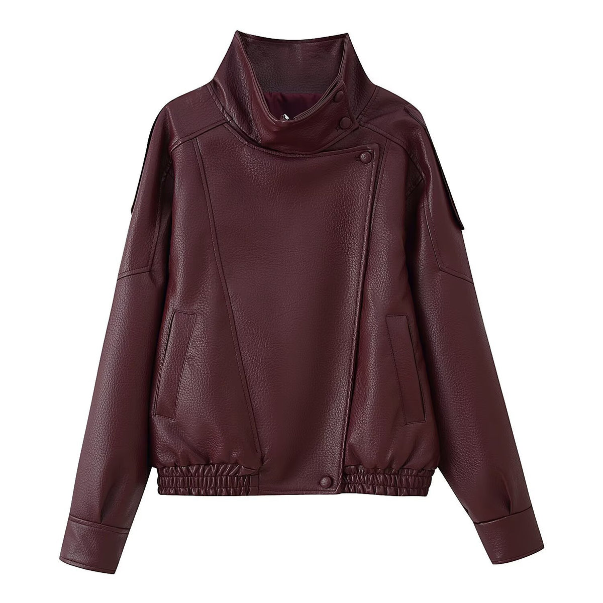 Women's Oversized Faux Leather Jacket with Shirt Collar and Elastic Hem Fashion Glam