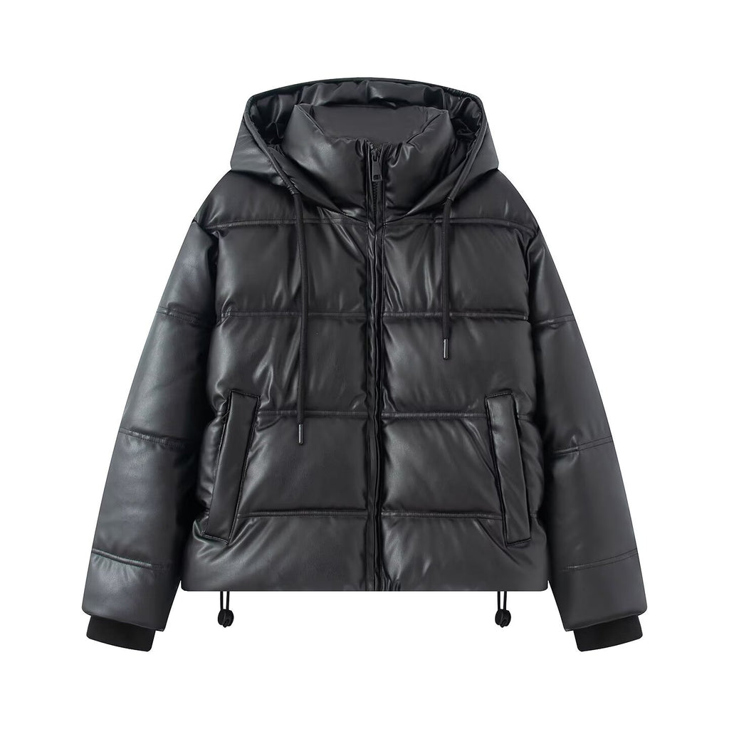 Women's Short Quilted Faux Leather Puffer Jacket with Hood, Drawstring and Side Pockets Fashion Glam