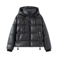Women's Short Quilted Faux Leather Puffer Jacket with Hood, Drawstring and Side Pockets Fashion Glam