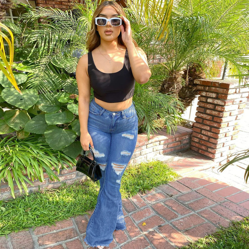 Women's High-Waisted Distressed Flared Jeans with Flared Hem and Sculpting Fit Fashion Glam