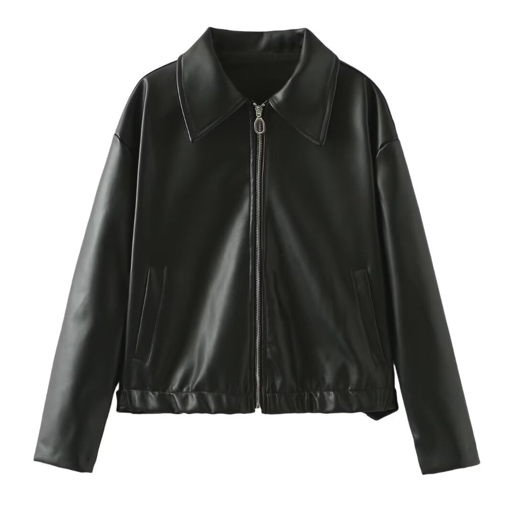 Women Short Oversized Leather Look Jacket with Zipper, Hem Band and Kent Collar Fashion Glam