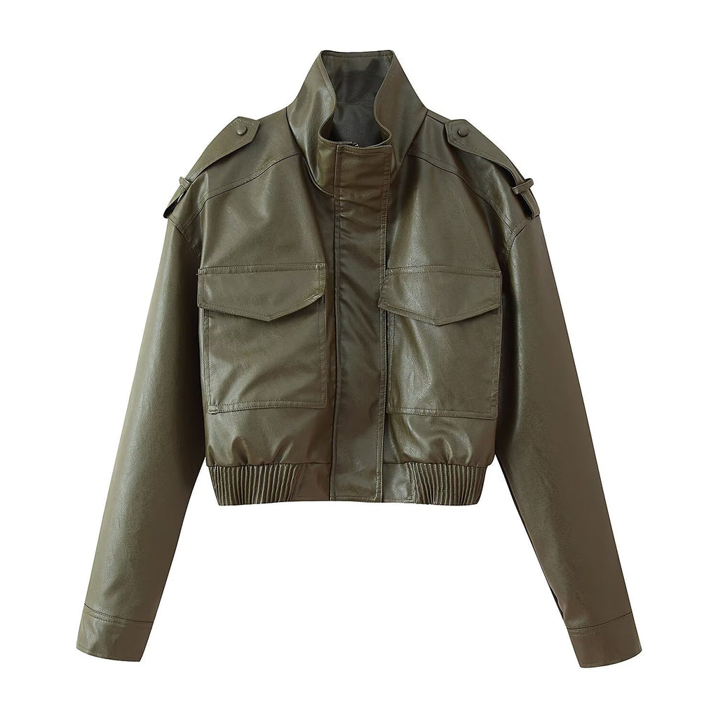 Women Short Fitted Leather Look Bomber Jacket with Stand-Up Collar, Shoulder Epaulettes and Patch Pockets Fashion Glam