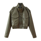 Women Short Fitted Leather Look Bomber Jacket with Stand-Up Collar, Shoulder Epaulettes and Patch Pockets Fashion Glam
