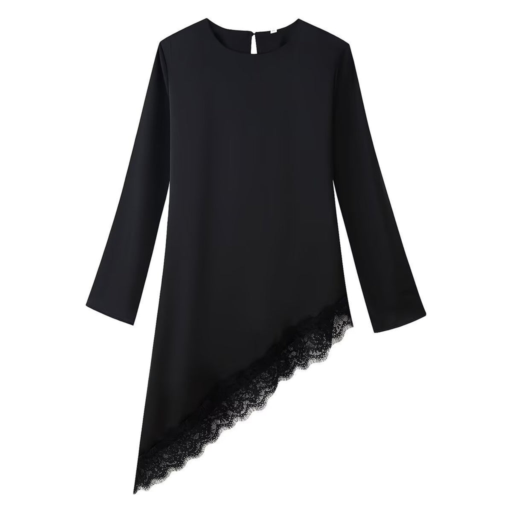 Women's Asymmetrical Long Sleeve Tunic with Lace Trim and Asymmetrical Hem Fashion Glam