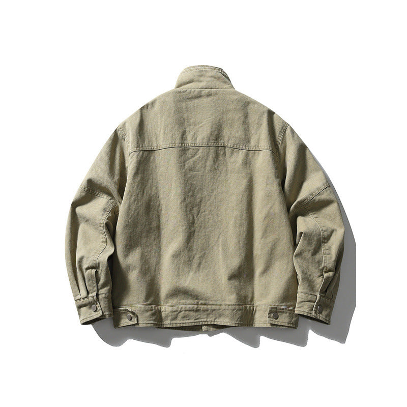 Men's Oversized Canvas Jacket with Stand-Up Collar, Snap Button Front and Concealed Zipper Interior Insert Fashion Glam