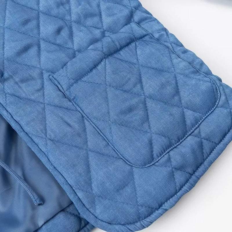 Women Short Quilted Jacket with Ruffled Collar, Ties and Patch Pockets Fashion Glam