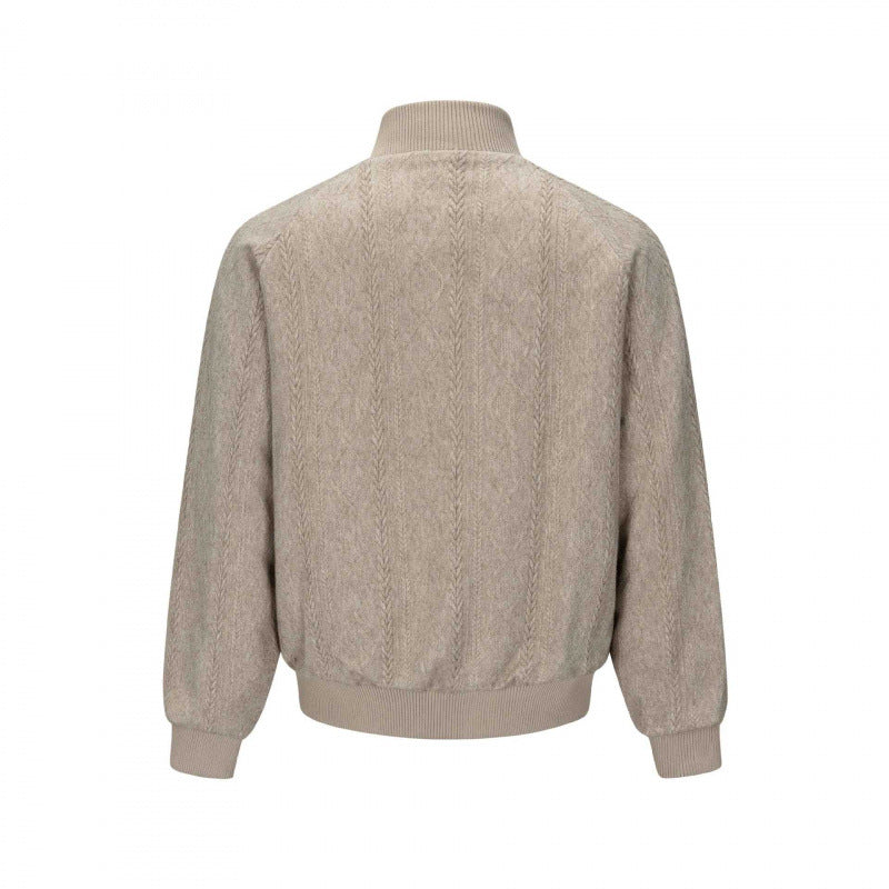 Men's knit bomber-style zip jacket with cable pattern and stand-up collar Fashion Glam