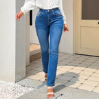 Ladies high-waisted slim jeans with pearl details on pockets and side seams Fashion Glam