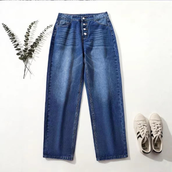 Ladies High-Waist Relaxed-Fit Jeans in Boyfriend Style with Visible Button Placket and Rolled Hem Fashion Glam