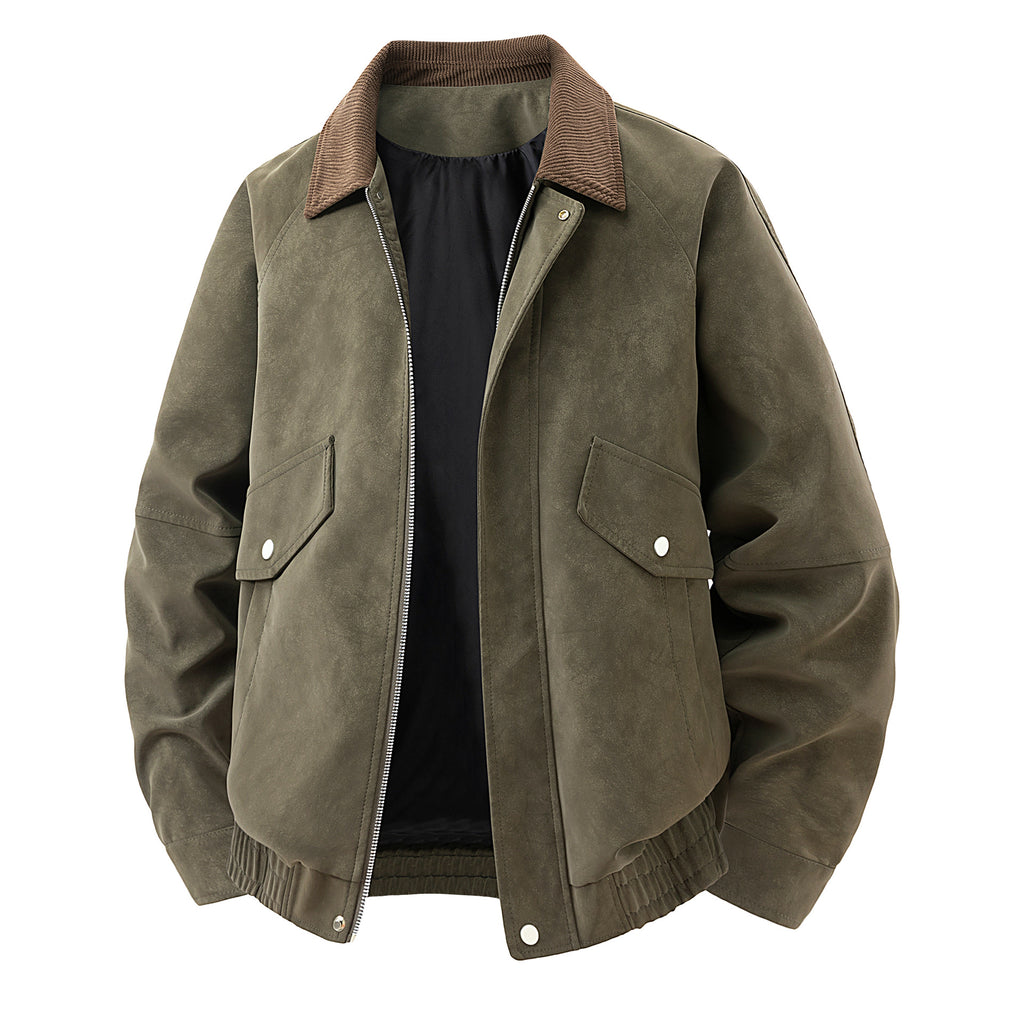 Men's Short Suede Bomber Jacket with Cord Collar Fashion Glam