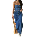 Ladies High-Waist Maxi Skirt made of Denim with front decorative seam and side leg slit Fashion Glam
