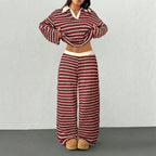 Women's Knitted Loungewear Set with Polo V Neck, Bell Sleeves, and Wide High-Cut Trouser Leg Fashion Glam