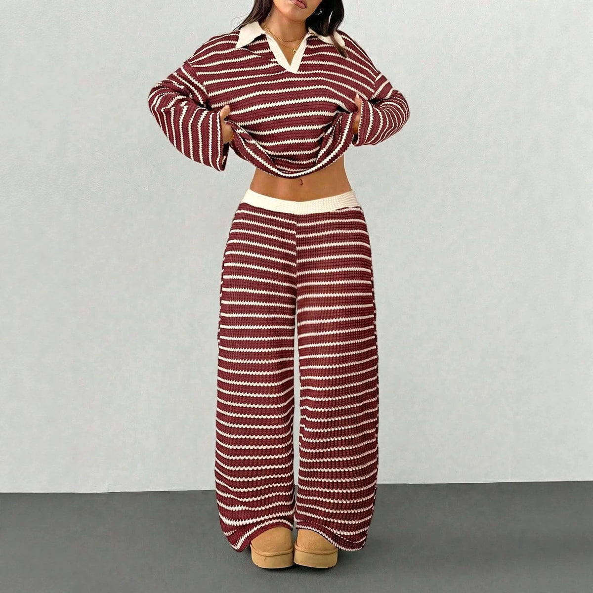 Women's Knitted Loungewear Set with Polo V Neck, Bell Sleeves, and Wide High-Cut Trouser Leg Fashion Glam