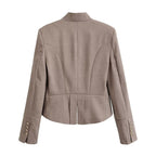 Women's Tailored Short Blazer with Decorative Double Button Placket and Shaped Hem Fashion Glam