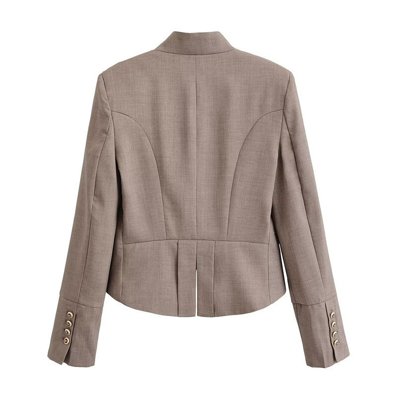 Women's Tailored Short Blazer with Decorative Double Button Placket and Shaped Hem Fashion Glam
