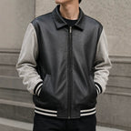 Men's Retro Letterman Bomber with Smooth Faux Leather Body and Velvet Sleeve Detail Fashion Glam