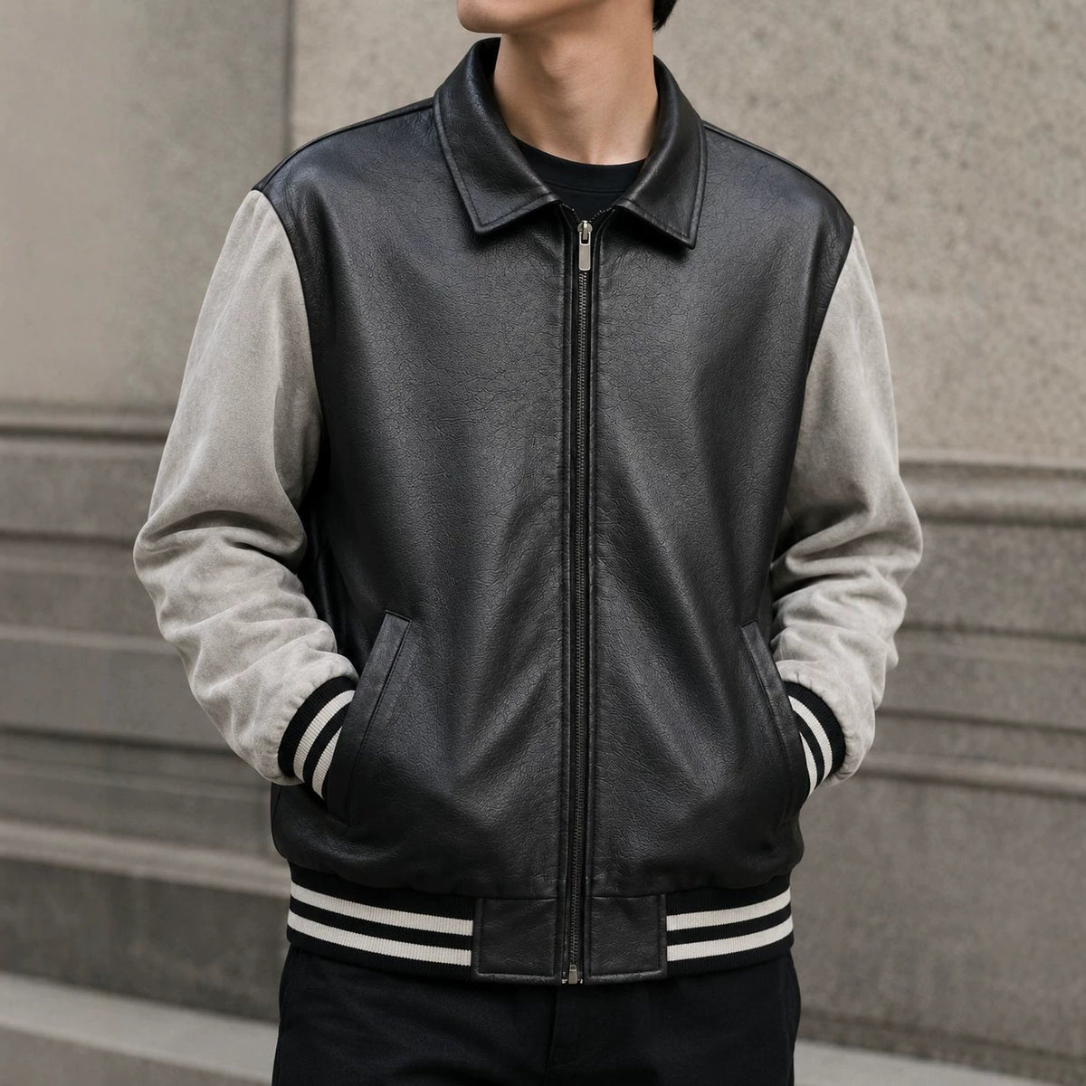 Men's Retro Letterman Bomber with Smooth Faux Leather Body and Velvet Sleeve Detail Fashion Glam