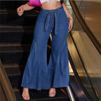 Women's High-Waisted Denim Palazzo Jeans with Overlapping V-Waist, Wide Flare, and Front Slit Fashion Glam