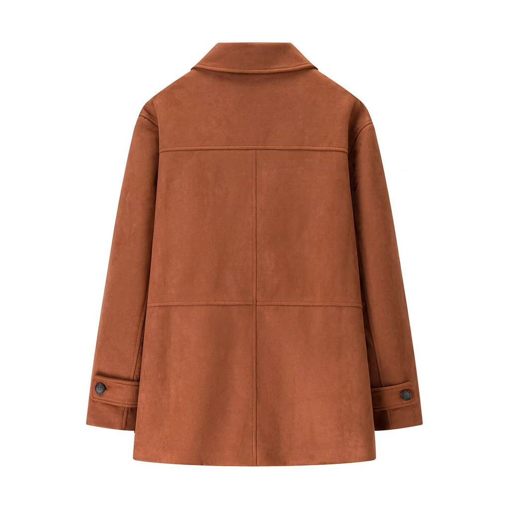 Women's short coat made of suede imitation with shirt collar and patch pockets Fashion Glam