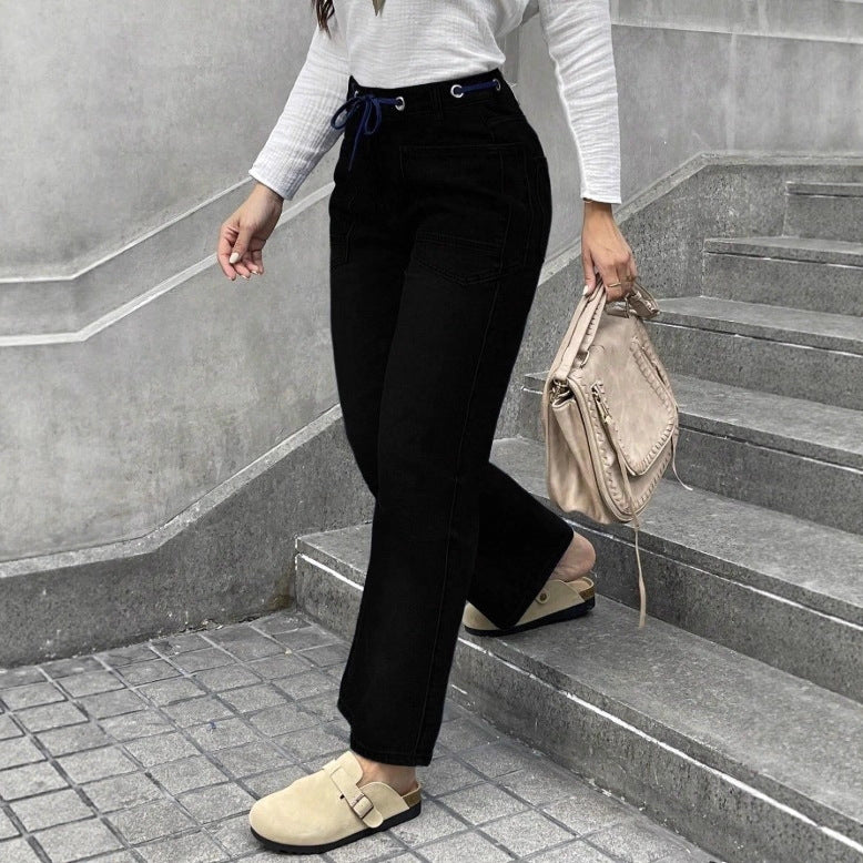 Women's high-waisted jeans with straight leg, drawstring waistband, and patch pockets Fashion Glam