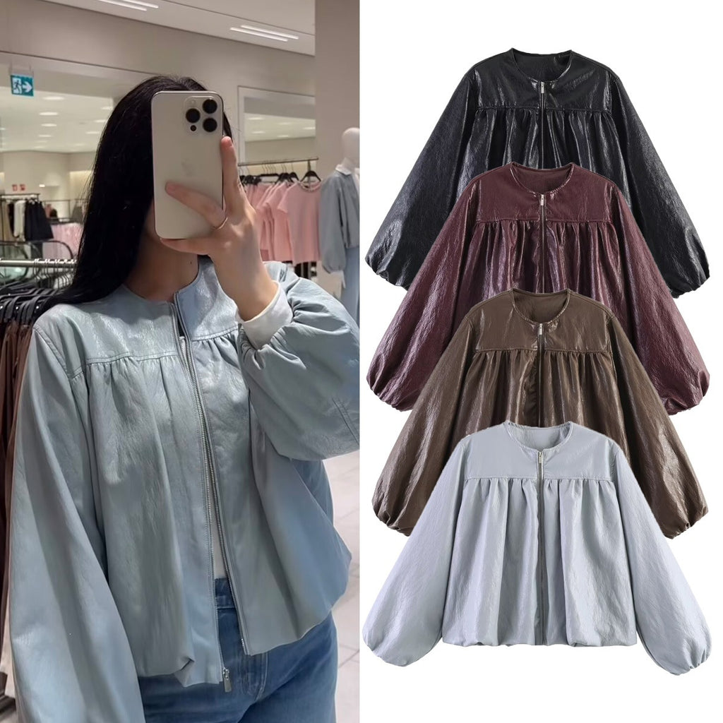 Women's short jacket with ruched yoke, round neck and balloon sleeves Fashion Glam