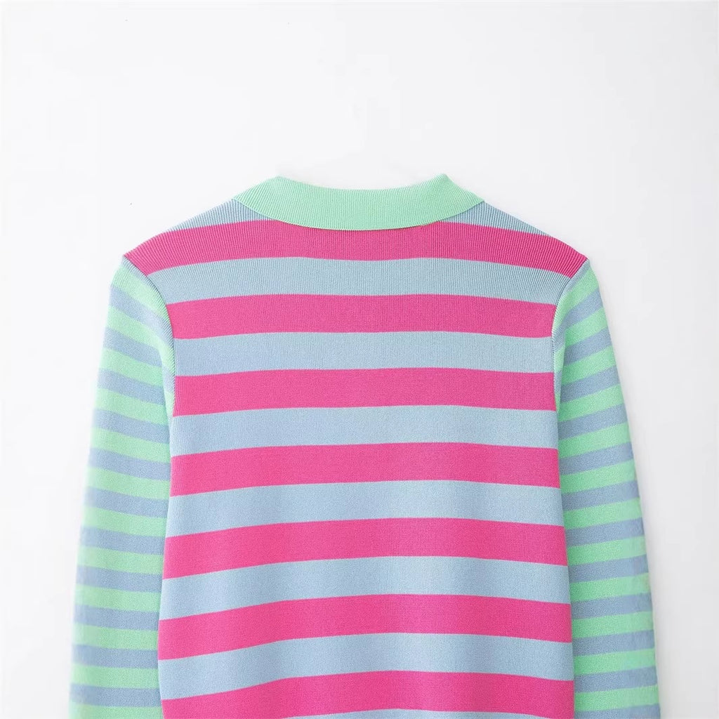 Women's Striped Short Knit Jacket with Polo Collar, Contrasting Button Placket and Ribbed Cuffs Fashion Glam