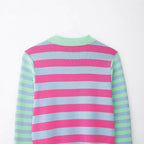 Women's Striped Short Knit Jacket with Polo Collar, Contrasting Button Placket and Ribbed Cuffs Fashion Glam