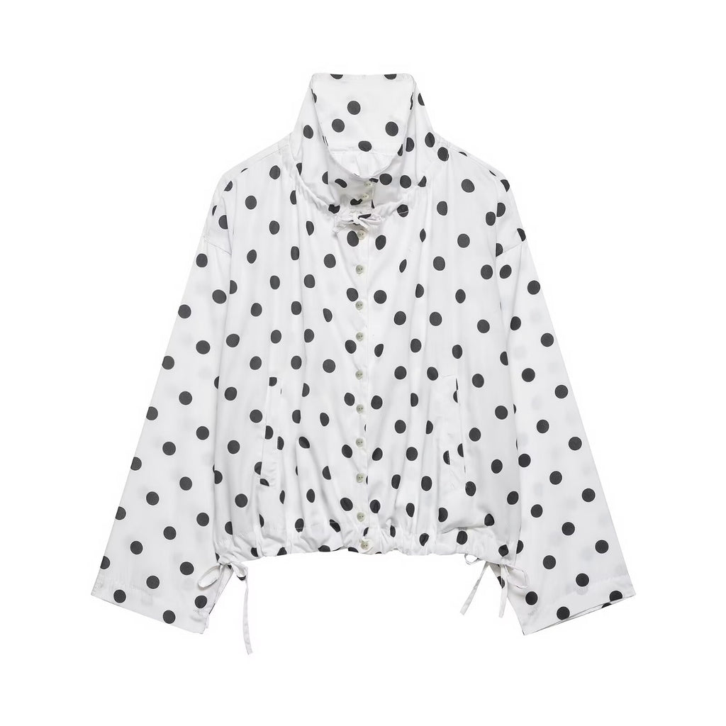 Women's Lightweight Polka Dot Windbreaker with Stand Collar, Drawstring and Button Placket Fashion Glam