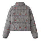 Women's short-cut quilted down-look jacket with stand-up collar and cherry embroidery Fashion Glam